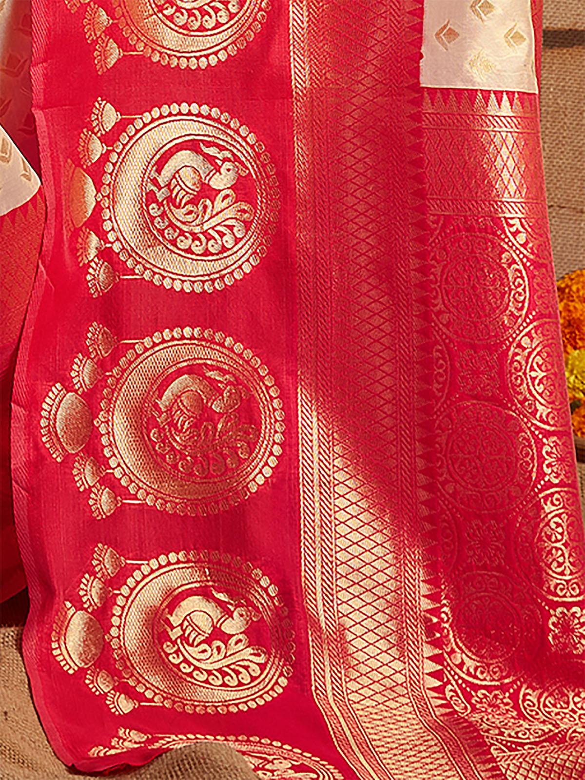 Odette Women Silk Blend Apricot And Red Woven Designer Saree With Unstitched Blouse - Image 5