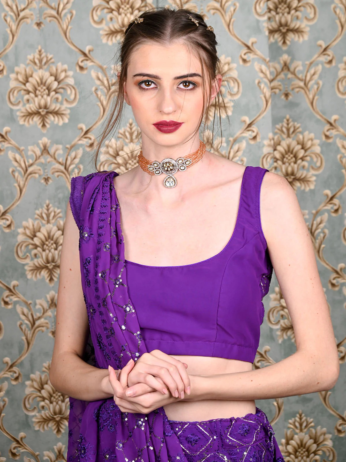 Odette Women Silver And Peach Choker Necklace And Drop Earring Set - Image 2
