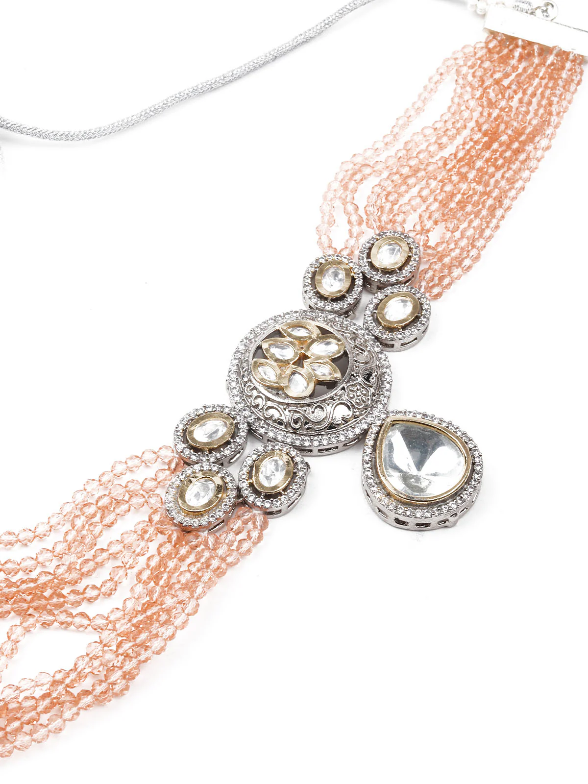 Odette Women Silver And Peach Choker Necklace And Drop Earring Set - Image 4