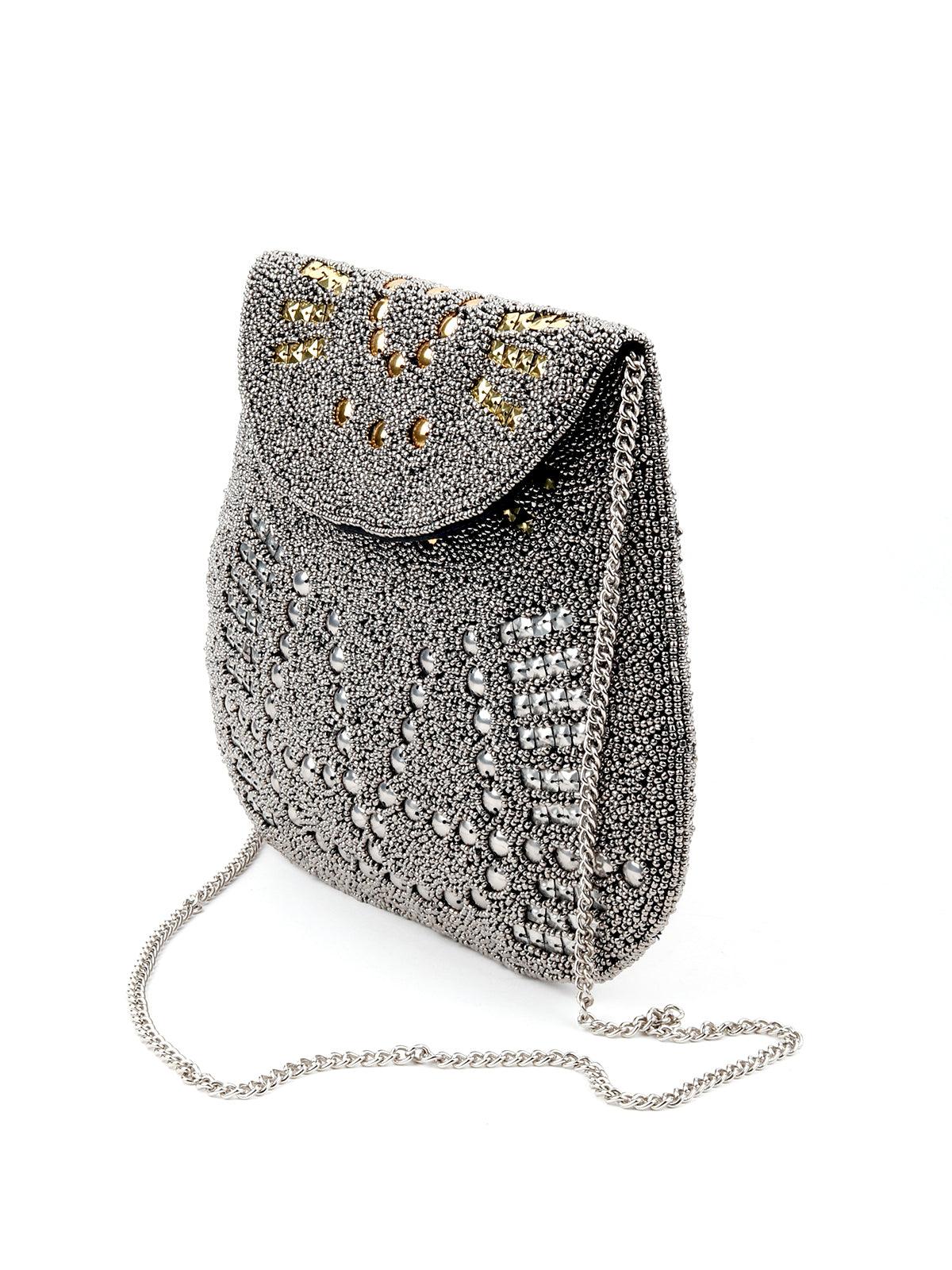 Odette Women Silver Beaded Fun-Shape Sling Bag - Image 4