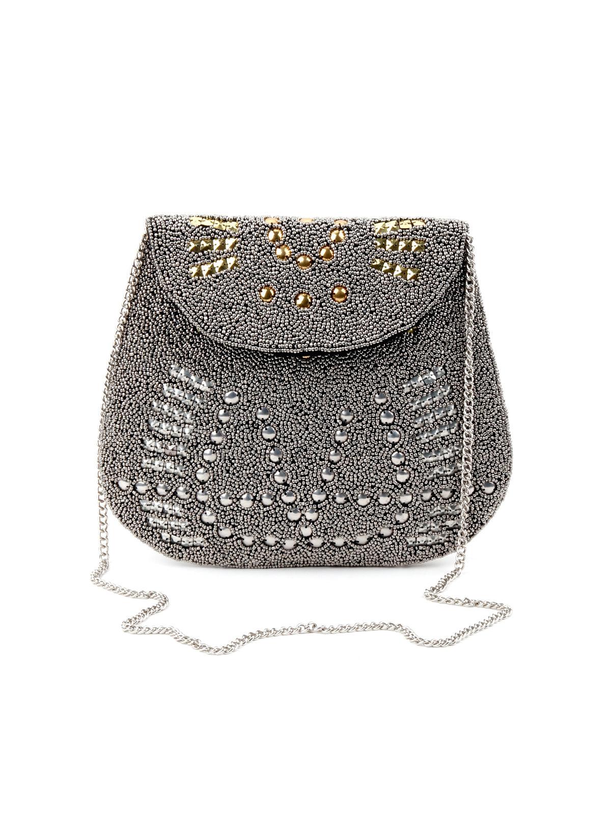 Odette Women Silver Beaded Fun-Shape Sling Bag - Image 5
