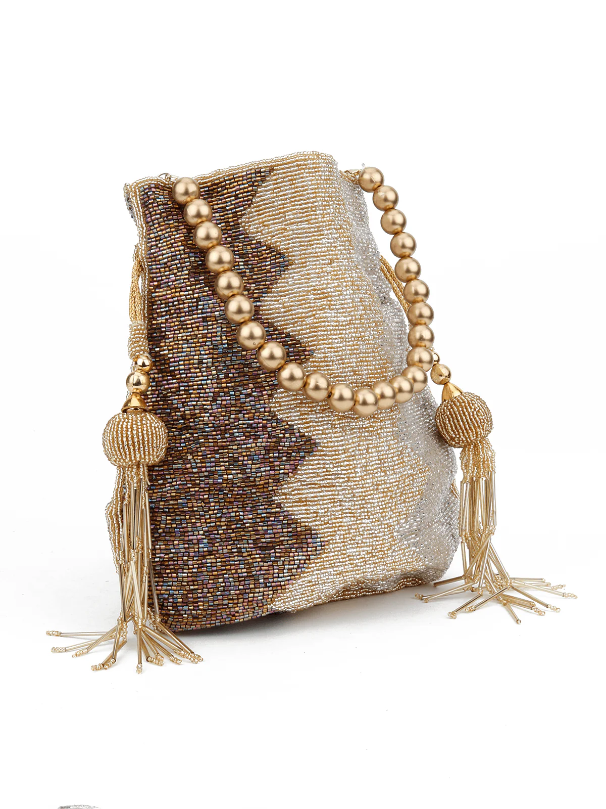 Odette Women Silver-Brown Heavy Beaded Potli - Image 4