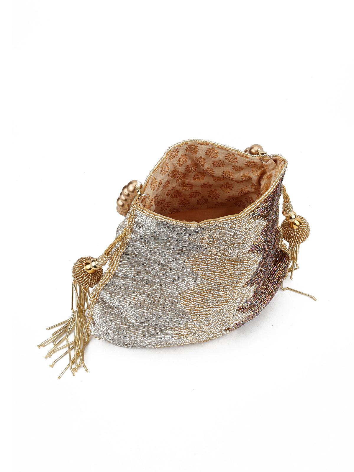 Odette Women Silver-Brown Heavy Beaded Potli - Image 6