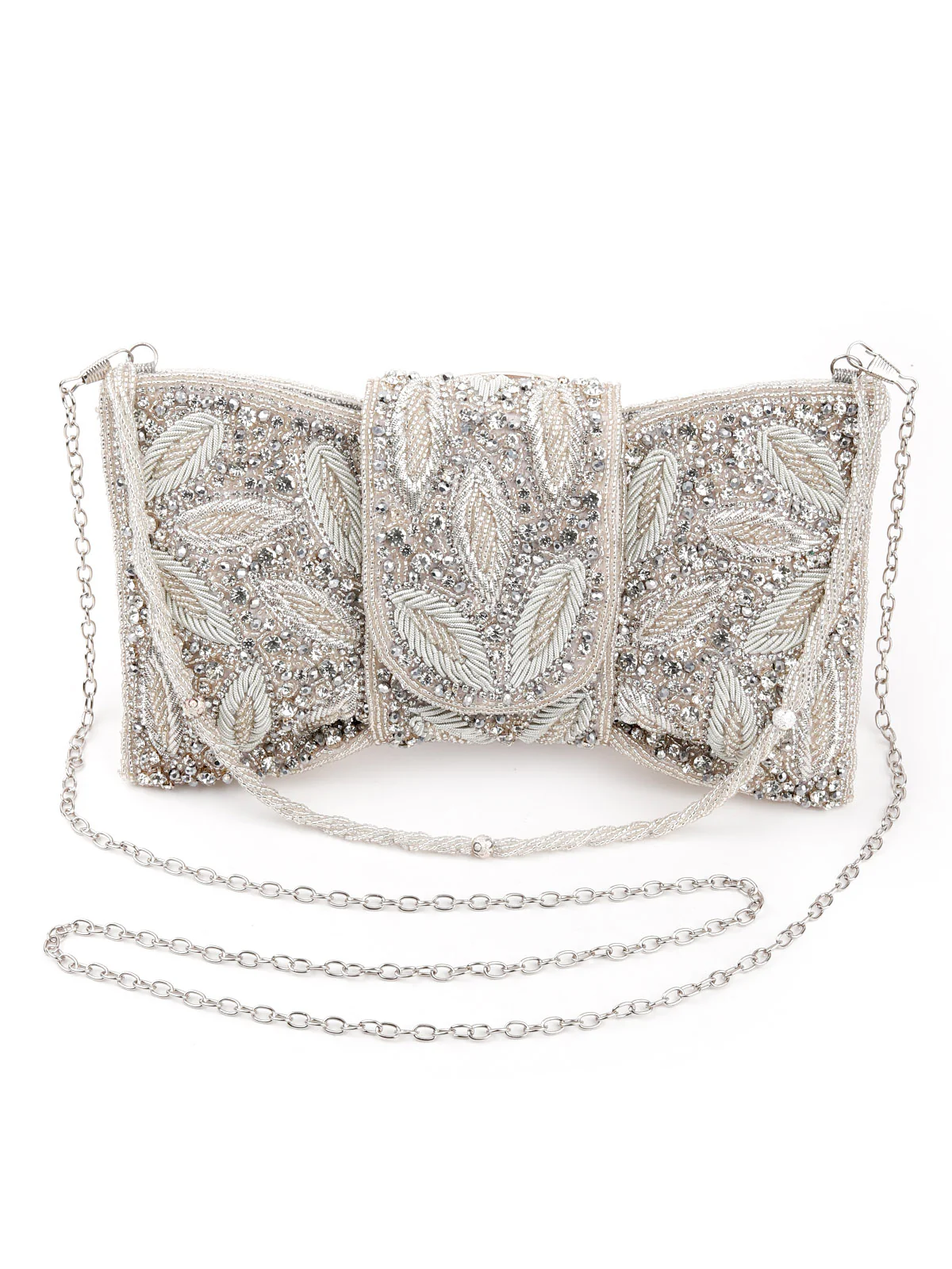 Odette Women Silver Embellished Cutdana Clutch Bag - Image 3