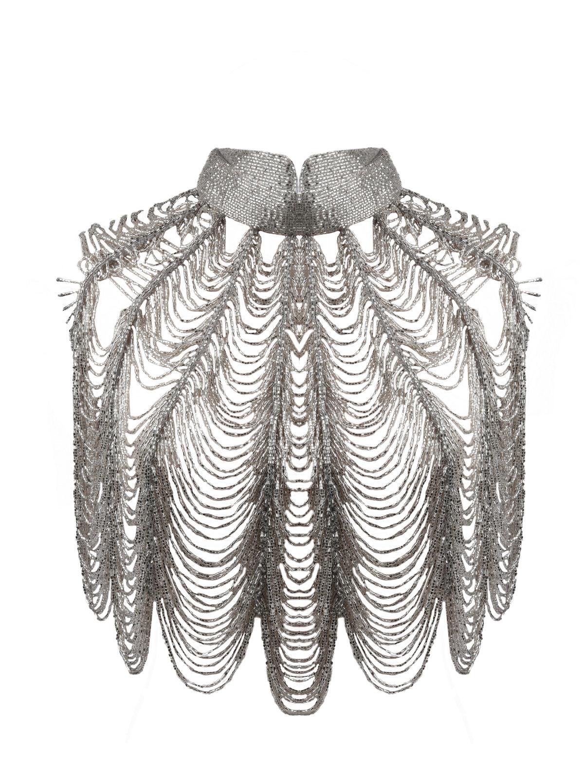 Odette Women Silver Embellished Stunning Beaded Cape - Image 5