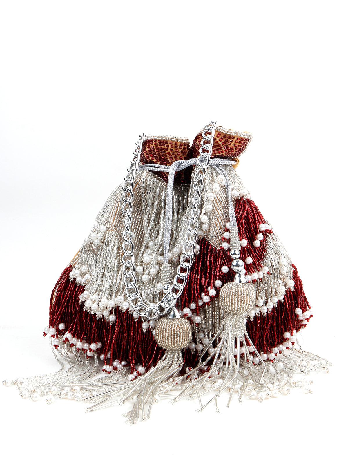 Odette Women Maroon Silver Gorgeous Tassel Potli - Image 3
