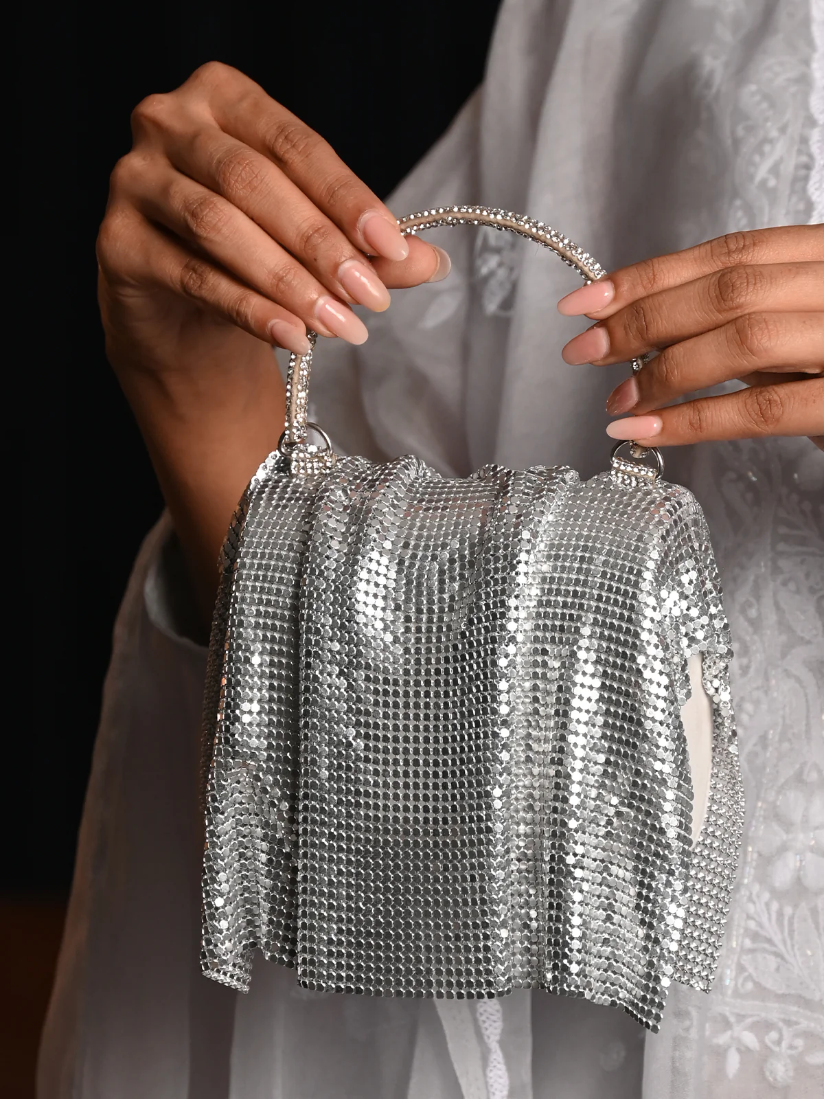 Odette Women Silver Metal Embellished Clutch - Image 2