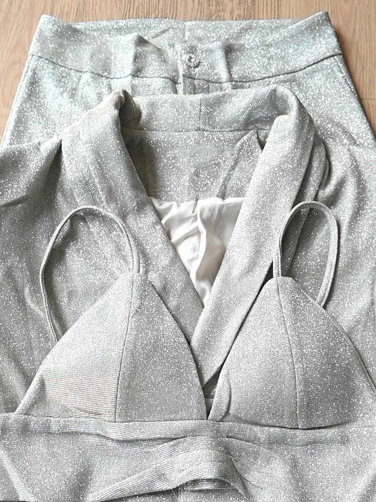 Odette Women Silver Shimmery Polyester Lycra Co-Ord Stitched Set - Image 6