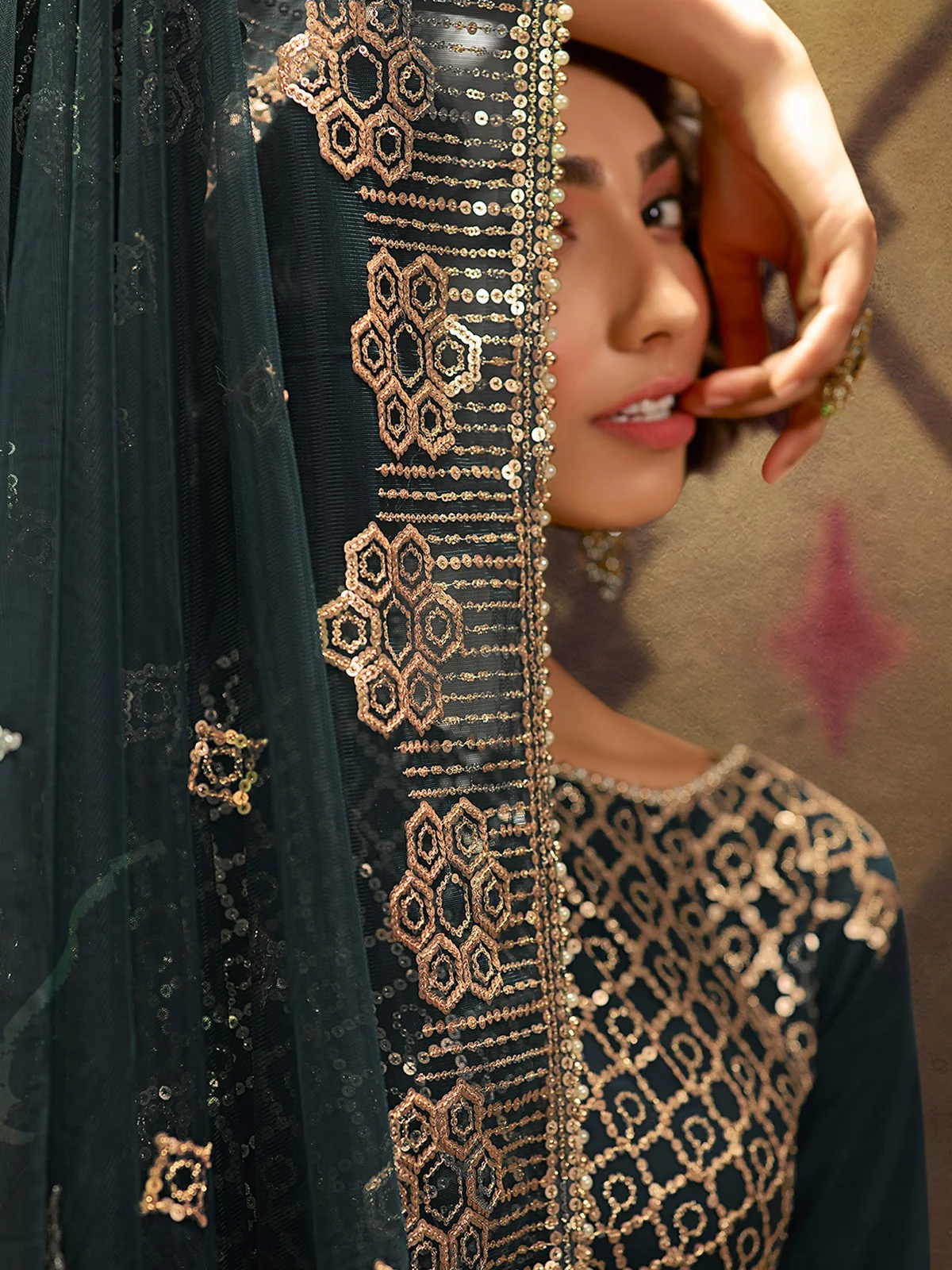 Odette Women Simple Teal Soft Net Semi Stitched Kurta Set - Image 3