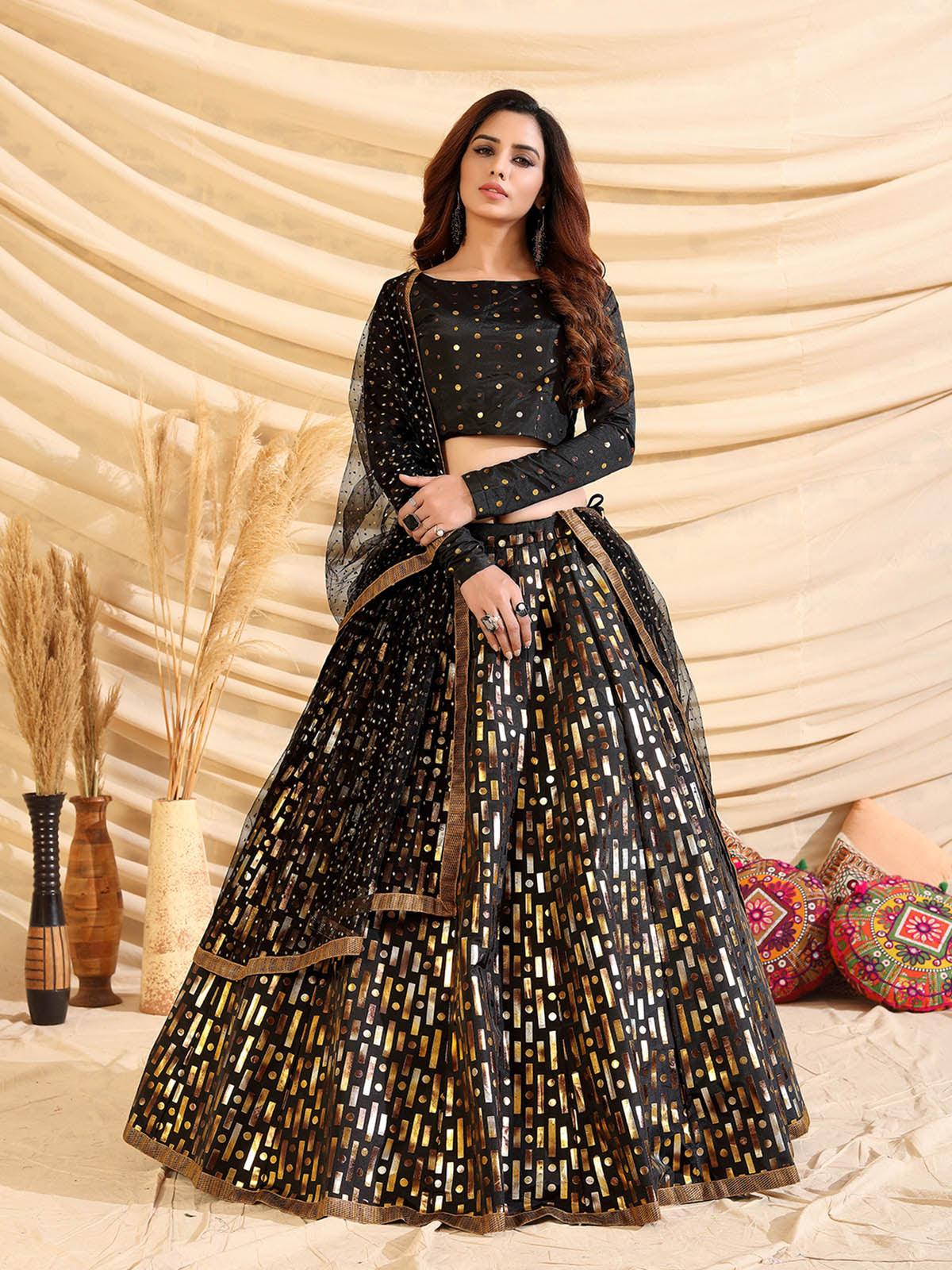 Odette Women Sizzling Black Tafetta Silk Semi Stitched Lehenga With  Unstitched Blouse - Image 2