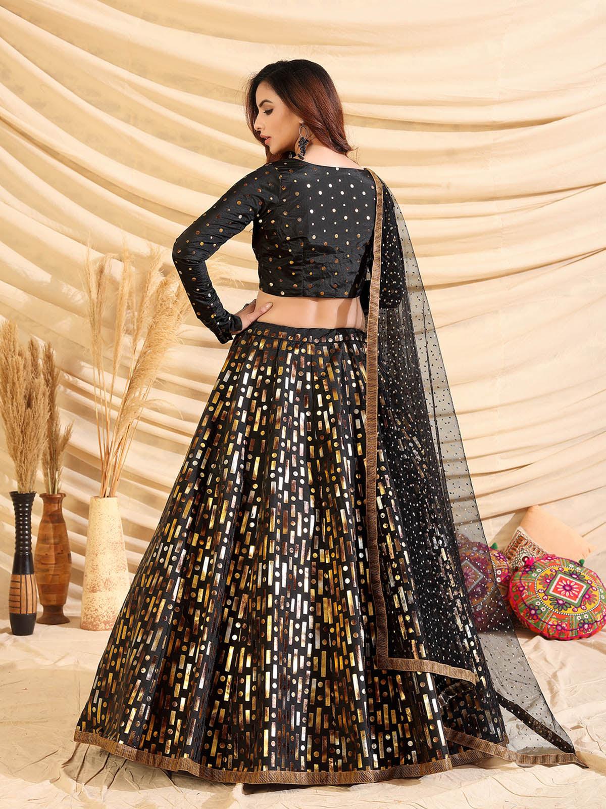 Odette Women Sizzling Black Tafetta Silk Semi Stitched Lehenga With  Unstitched Blouse - Image 3
