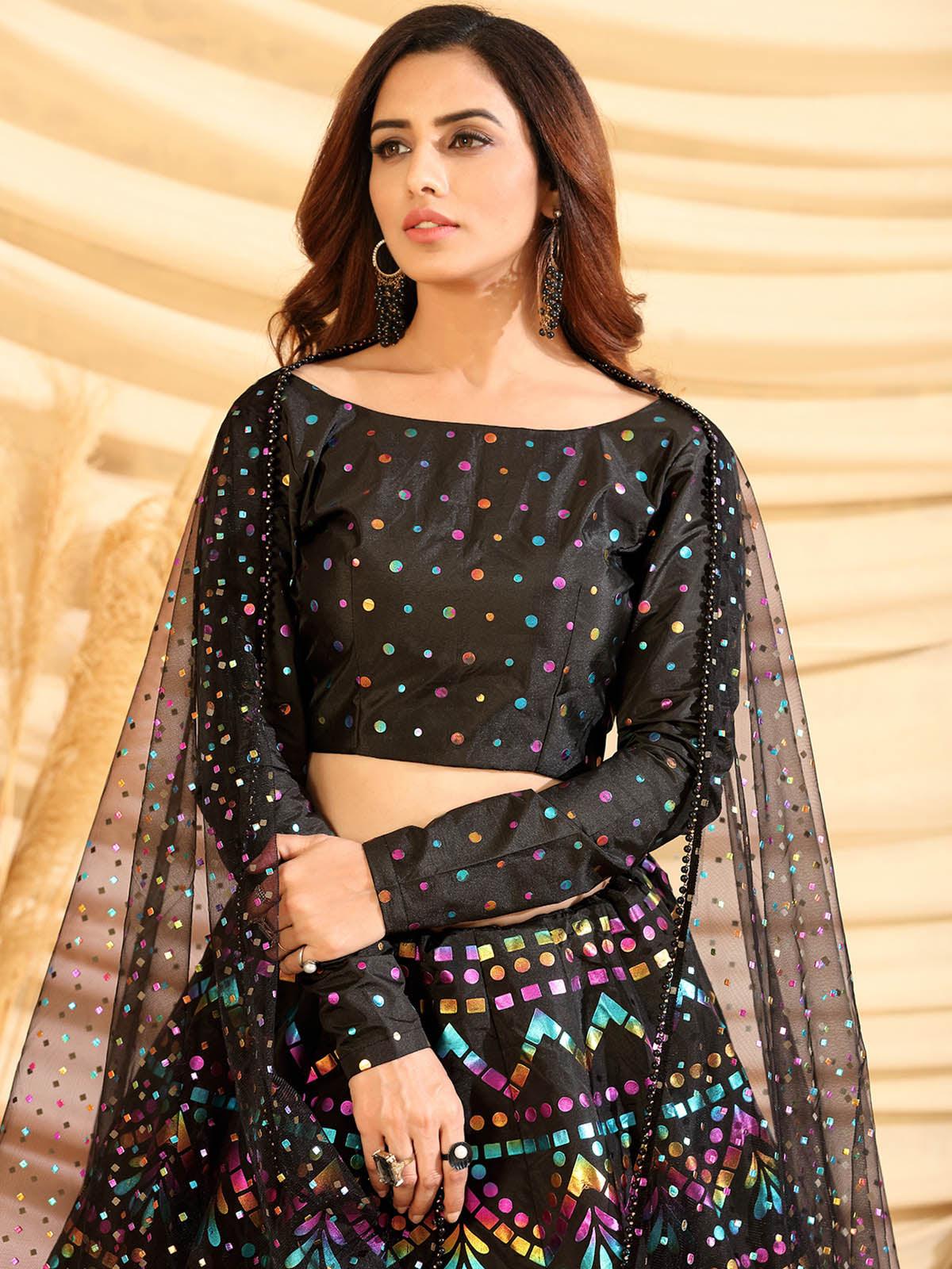 Odette Women Sizzling Black Tafetta Silk Semi Stitched Lehenga With Unstitched Blouse - Image 2