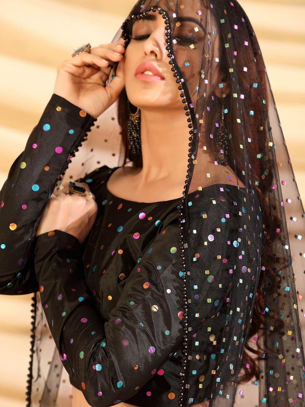 Odette Women Sizzling Black Tafetta Silk Semi Stitched Lehenga With Unstitched Blouse - Image 3