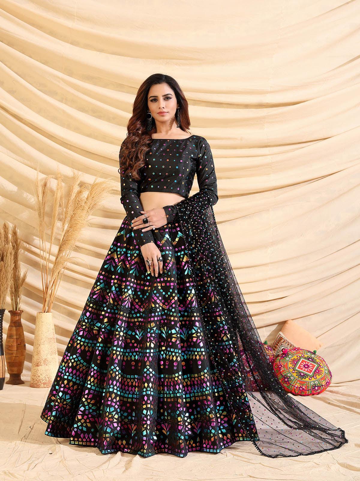 Odette Women Sizzling Black Tafetta Silk Semi Stitched Lehenga With Unstitched Blouse - Image 4