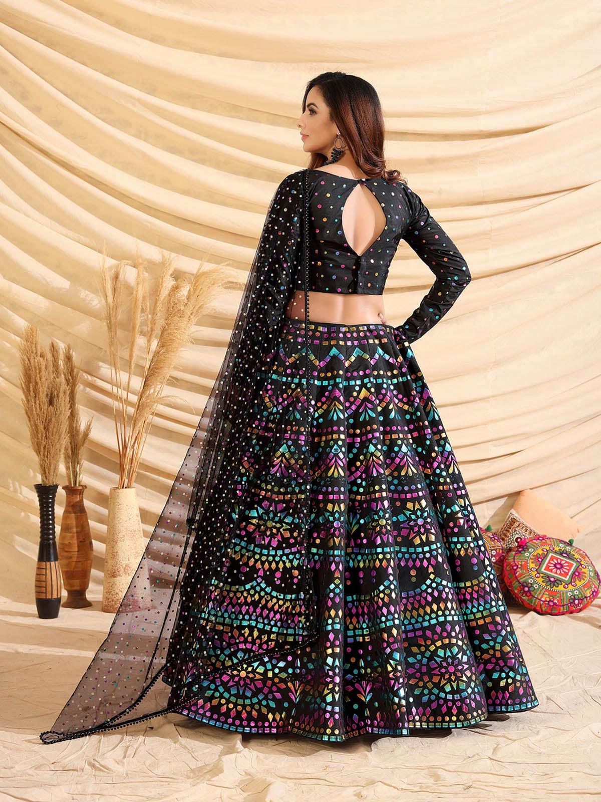 Odette Women Sizzling Black Tafetta Silk Semi Stitched Lehenga With Unstitched Blouse - Image 5