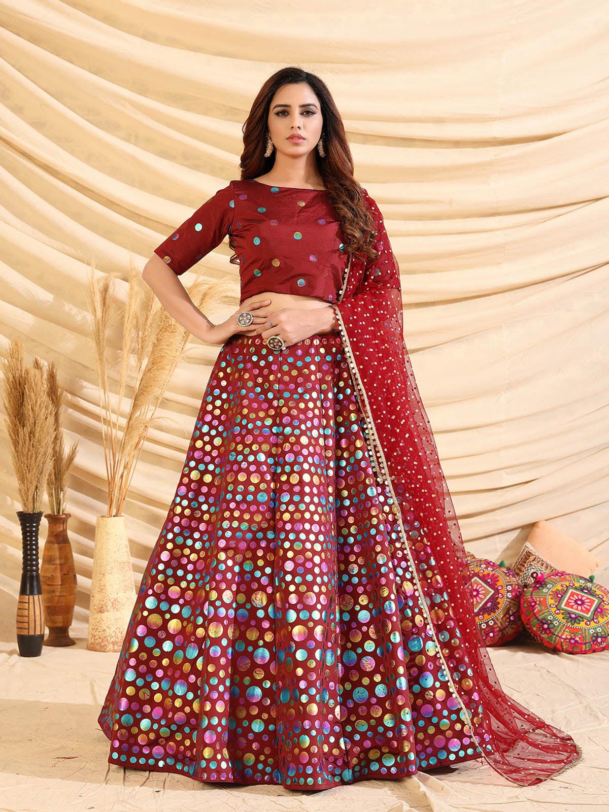 Odette Women Sizzling Maroon Tafetta Silk Semi Stitched Lehenga With  Unstitched Blouse - Image 3