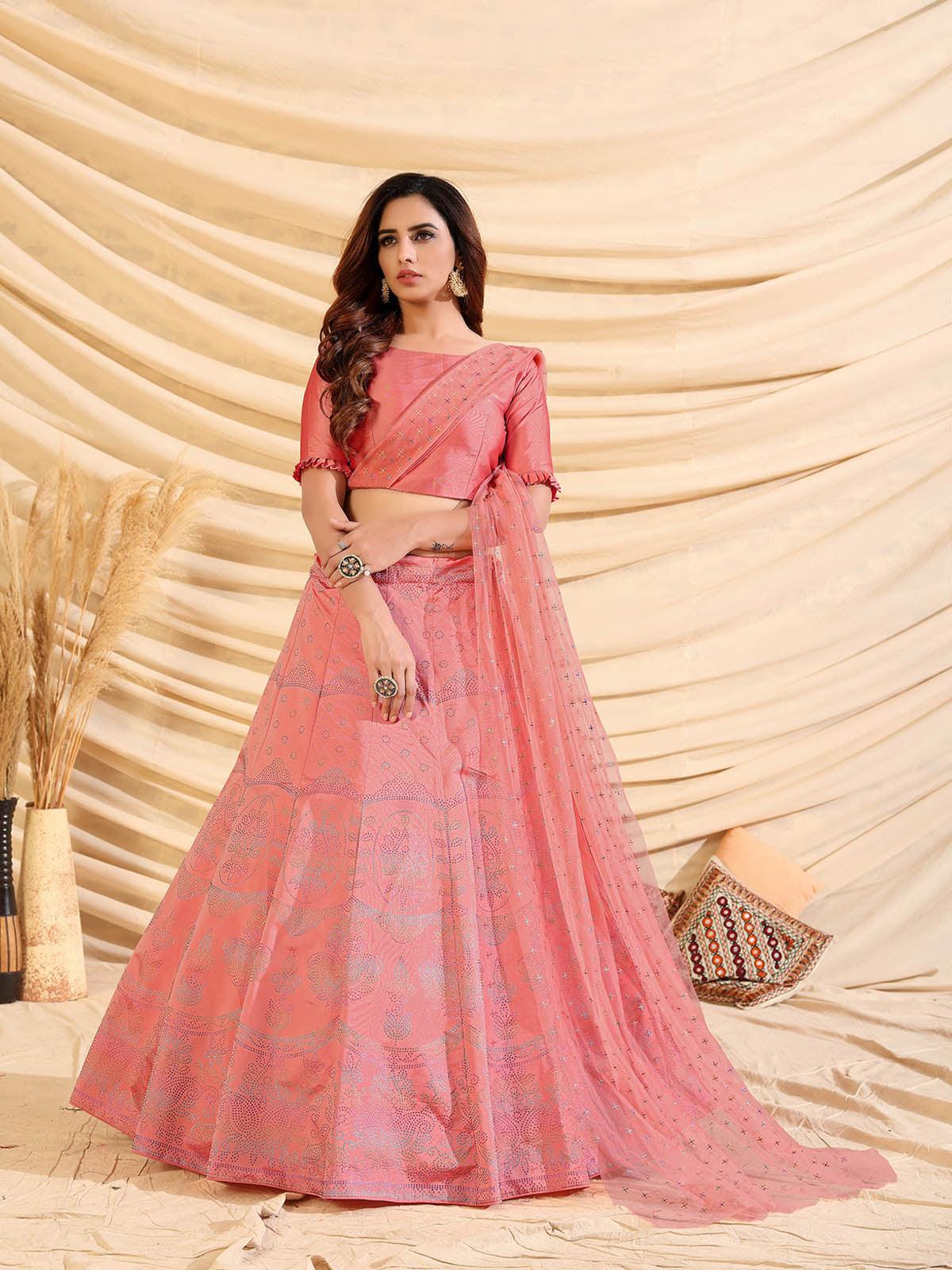Odette Women Sizzling Pink Tafetta Silk Semi Stitched Lehenga With  Unstitched Blouse - Image 4