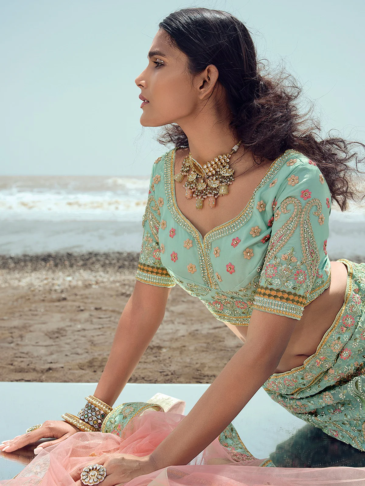 Odette Women Sky Blue Embroidered Organza Semi Stitched Lehenga With Unstitched Blouse - Image 2