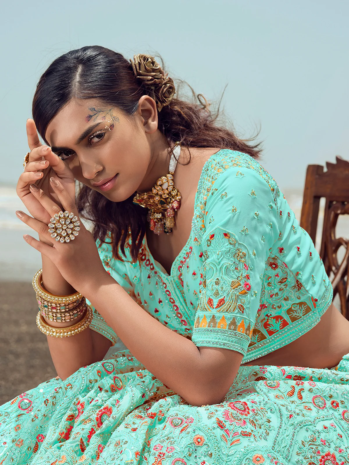 Odette Women Blue Semi Stitched Lehenga With Unstitched Blouse - Image 2