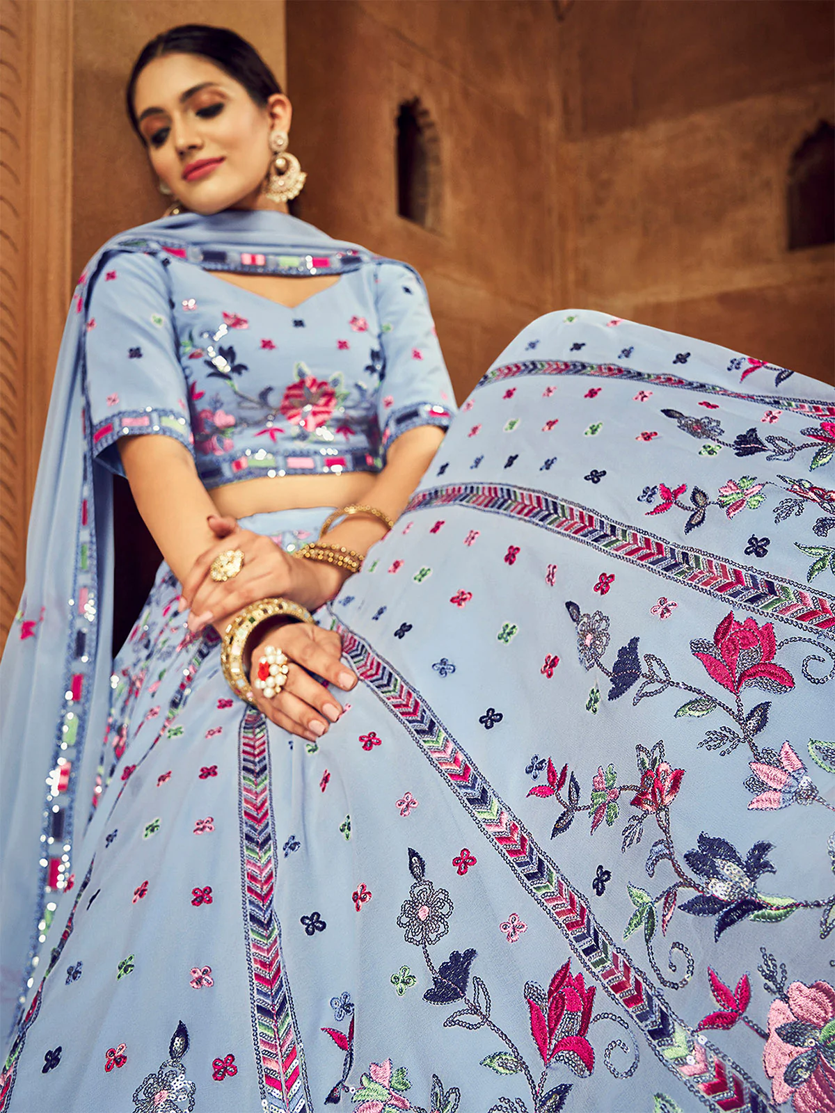 Odette Women Sky Blue Embroidered Festive Semi Stitched Lehenga With  Unstitched Blouse - Image 3