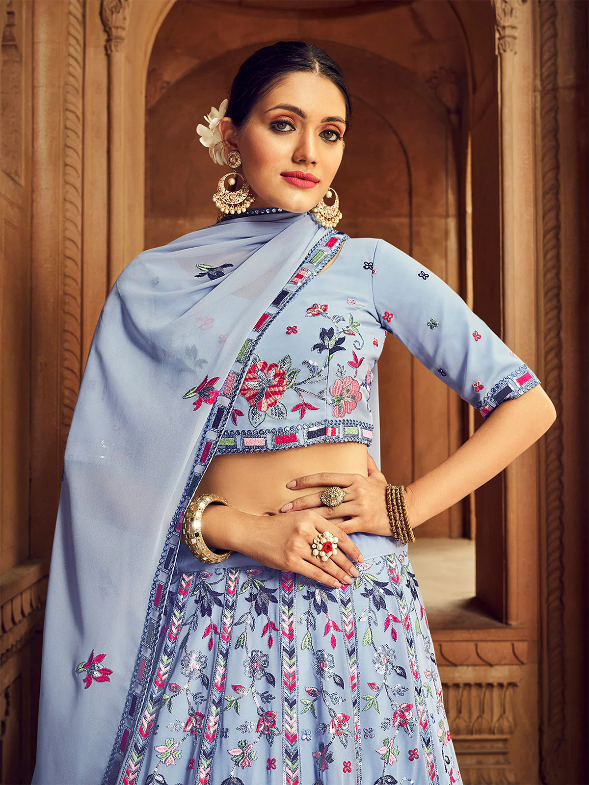 Odette Women Sky Blue Embroidered Festive Semi Stitched Lehenga With  Unstitched Blouse - Image 4