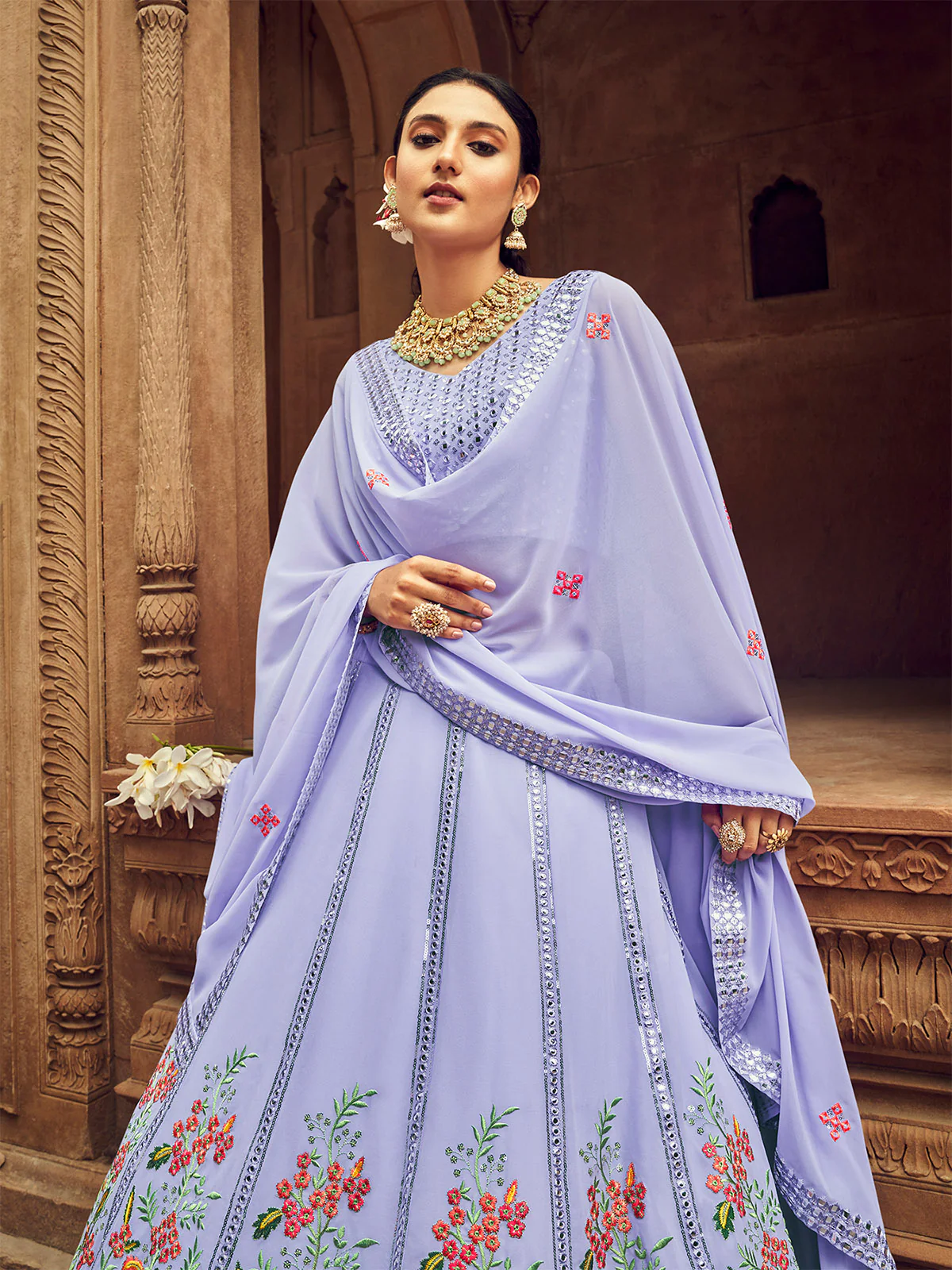 Odette Women Sky Blue Embroidered Festive Semi Stitched Lehenga With  Unstitched Blouse - Image 3