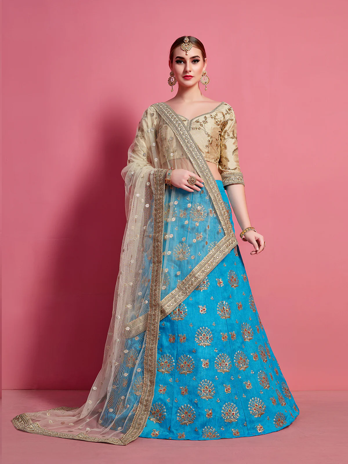 Odette Women Sky Blue Embroidered Semi Stitched Lehenga With Unstitched Blouse - Image 2