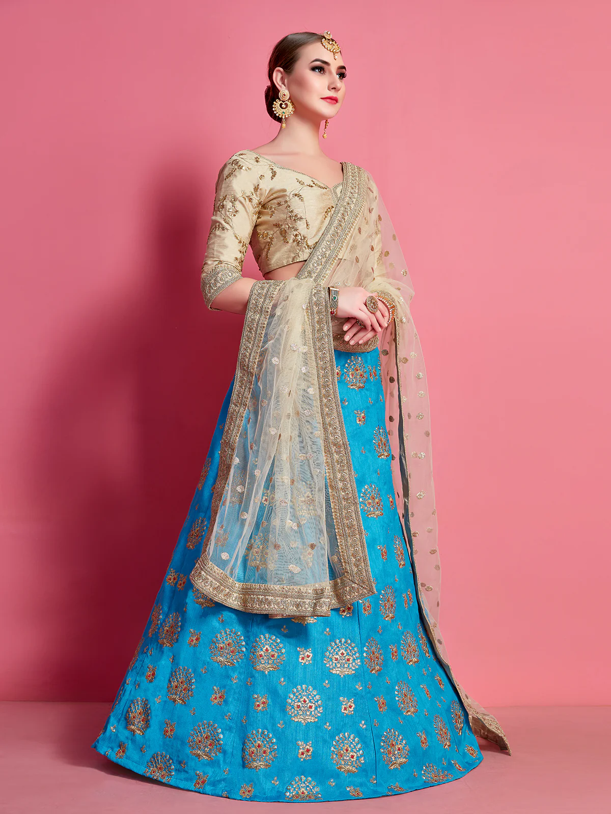 Odette Women Sky Blue Embroidered Semi Stitched Lehenga With Unstitched Blouse - Image 3