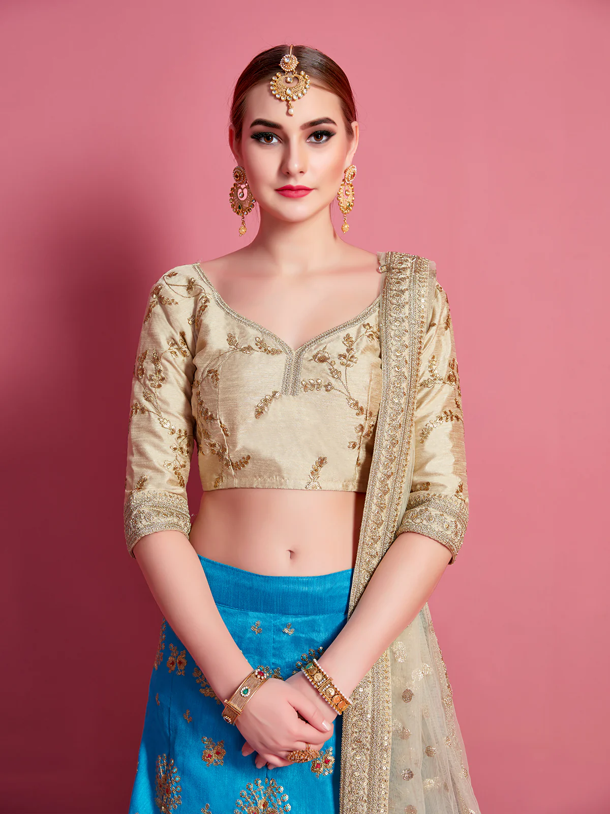 Odette Women Sky Blue Embroidered Semi Stitched Lehenga With Unstitched Blouse - Image 4