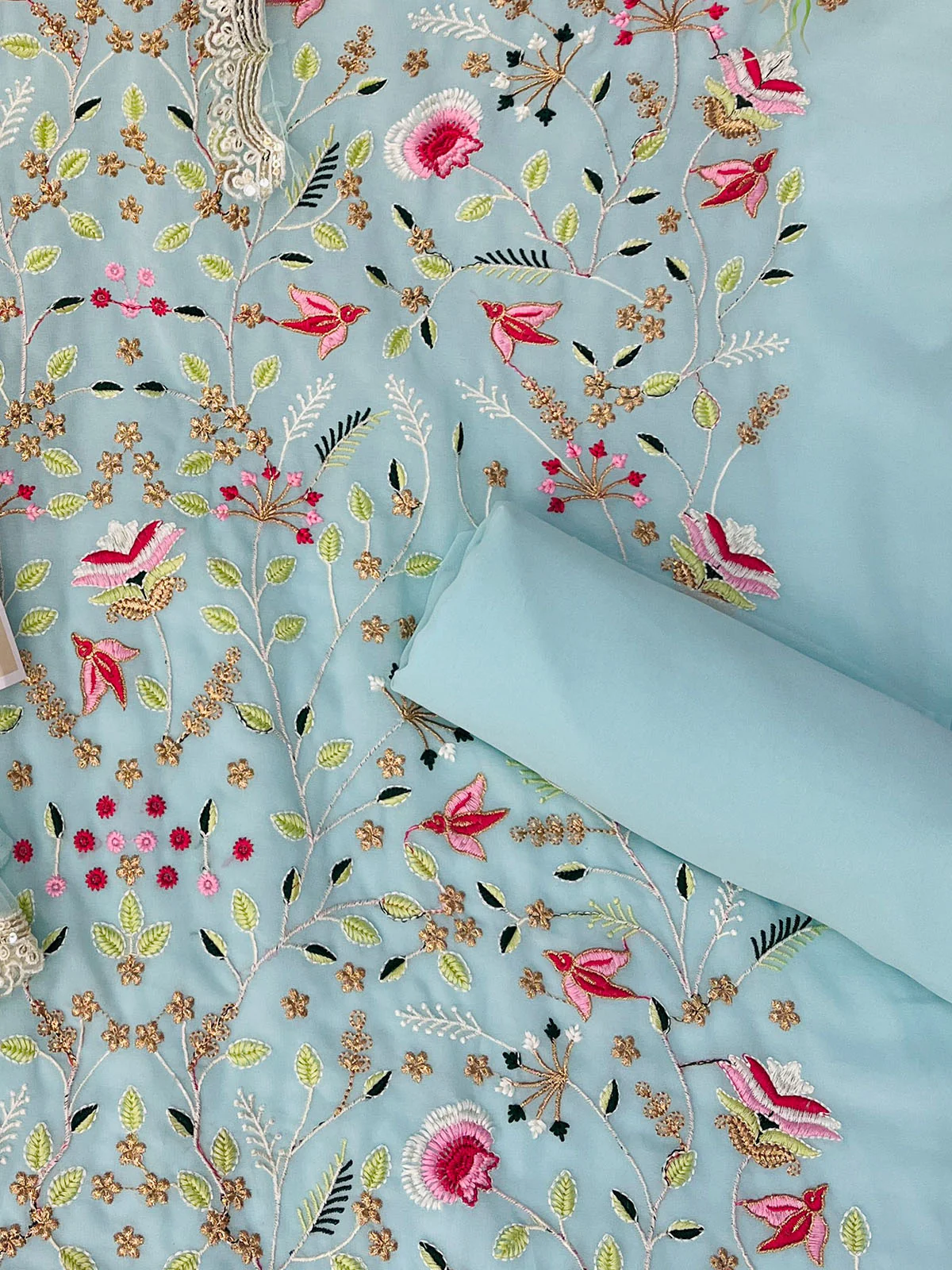 Odette Women Blue Floral Sequence Embroidered Georgette Unstitched Sharara Suit - Image 3