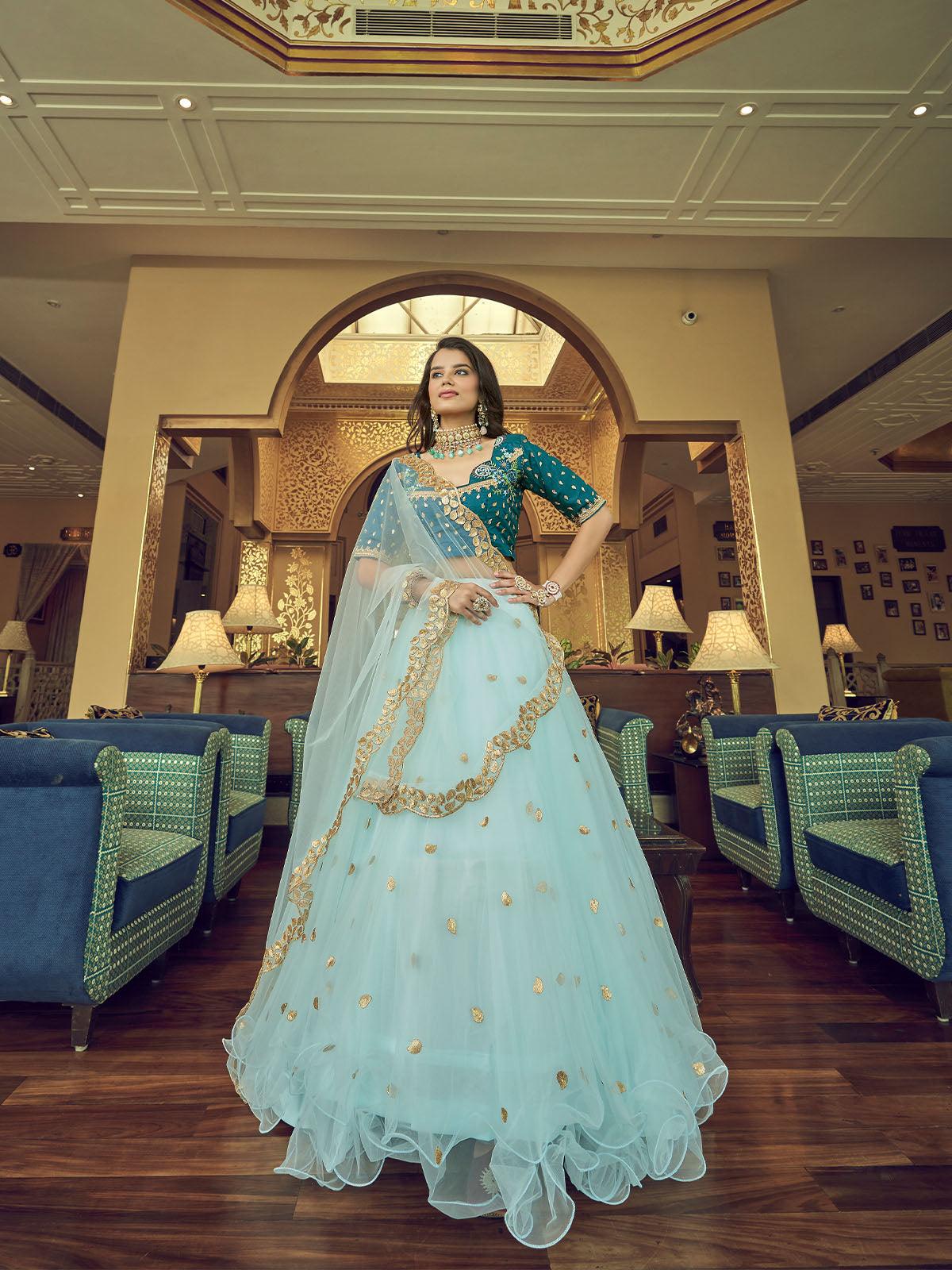 Odette Women Sky Blue Heavy Net Designer Semi Stitched Lehenga With Unstitched Blouse - Image 2