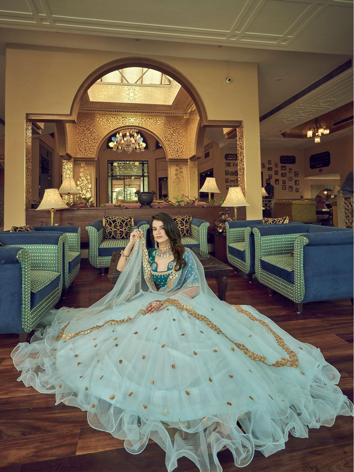 Odette Women Sky Blue Heavy Net Designer Semi Stitched Lehenga With Unstitched Blouse - Image 3