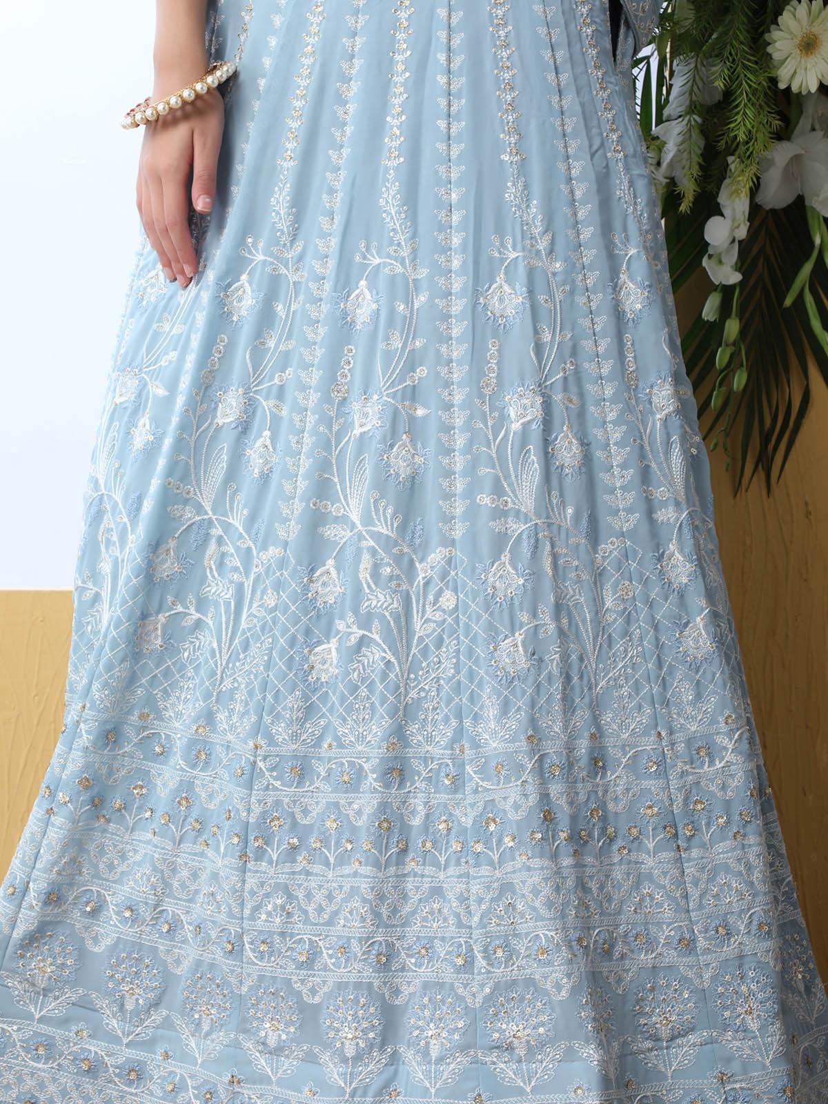 Odette Women Sky Blue Sequins Georgette Semi Stitched Lehenga With  Unstitched Blouse - Image 3