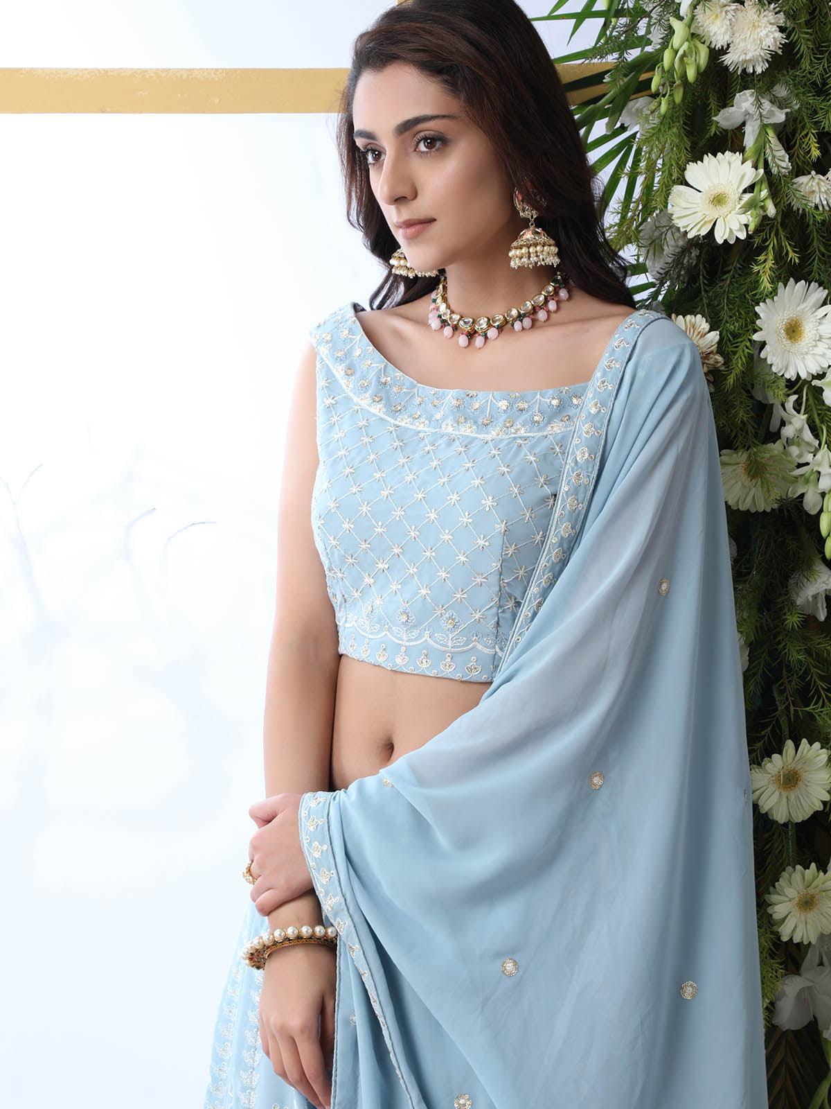 Odette Women Sky Blue Sequins Georgette Semi Stitched Lehenga With  Unstitched Blouse - Image 4
