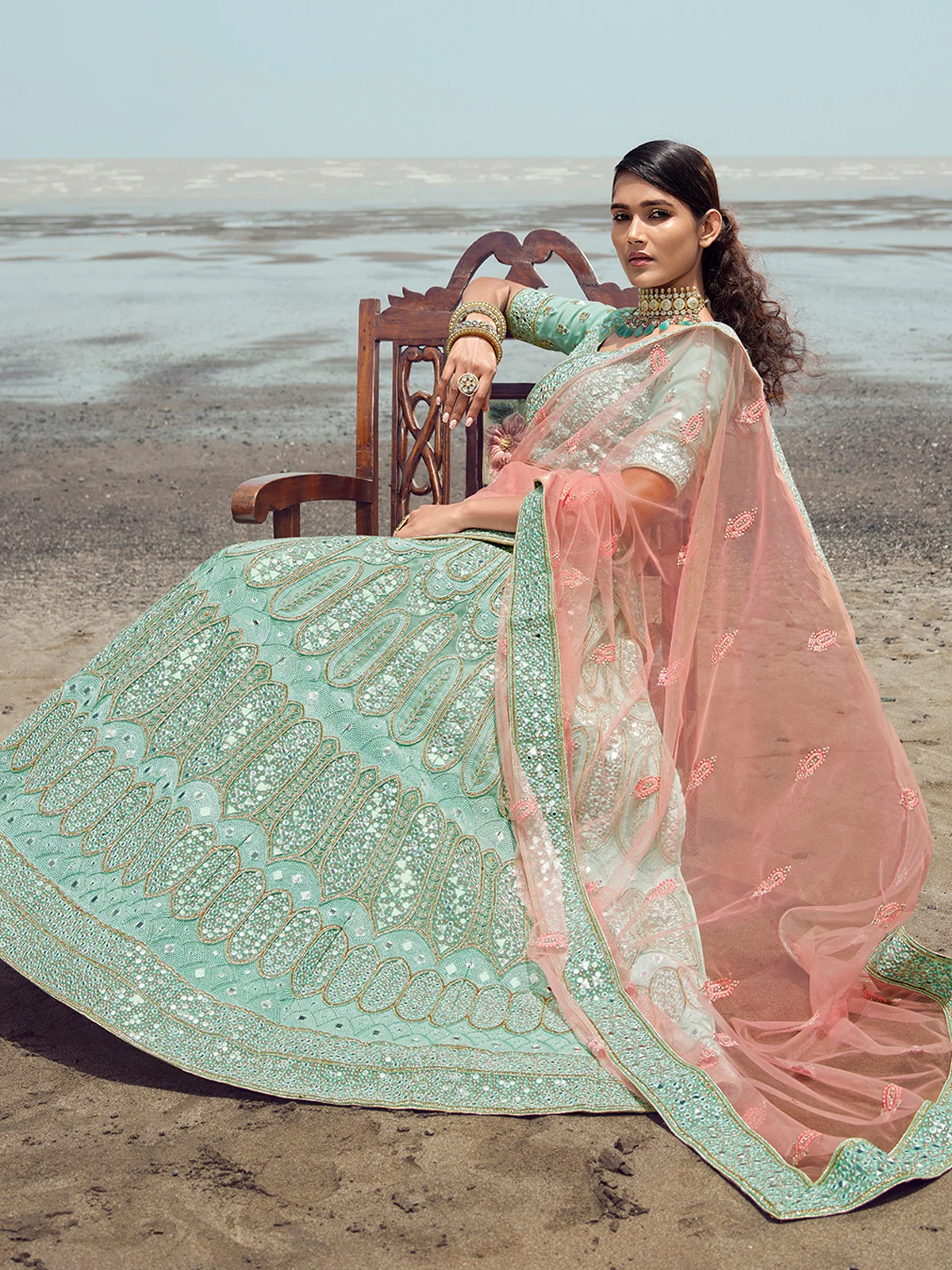 Odette Women Sea Green Embroidered Organza Semi Stitched Lehenga With Unstitched Blouse - Image 2
