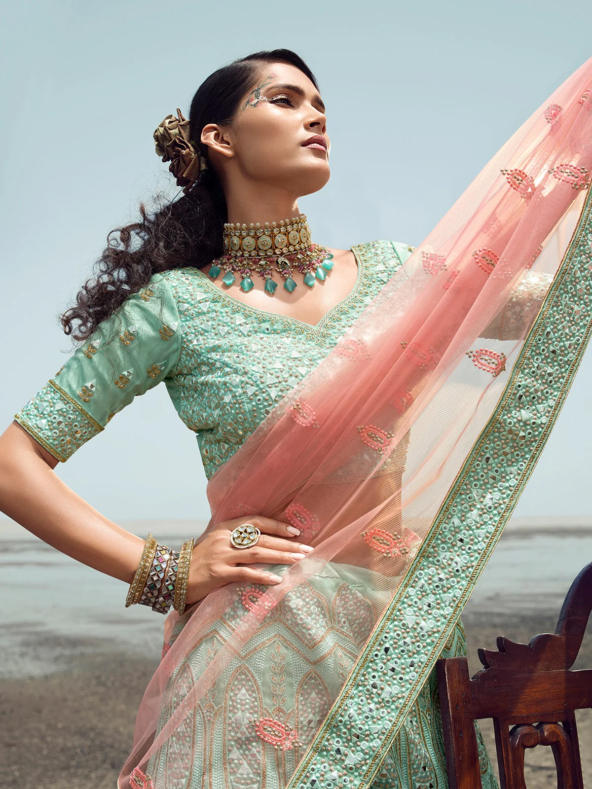 Odette Women Sea Green Embroidered Organza Semi Stitched Lehenga With Unstitched Blouse - Image 3