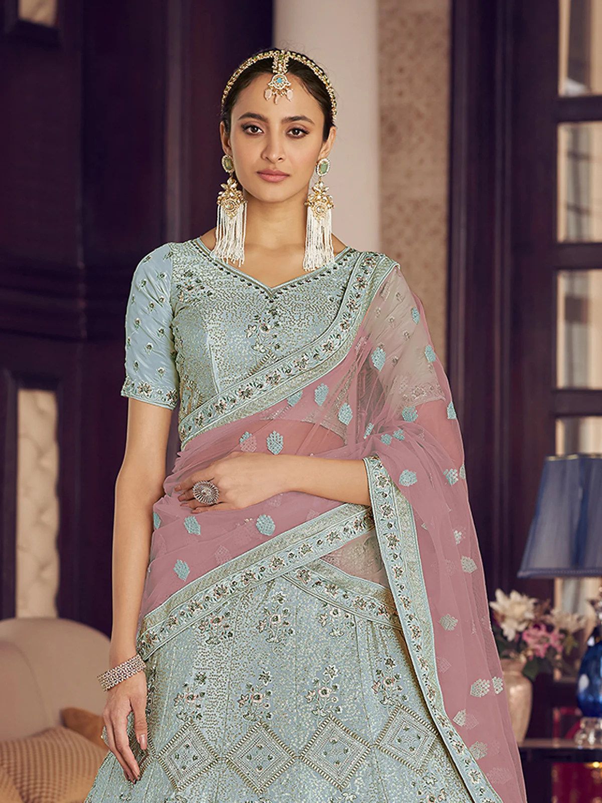 Odette Women Light Blue Embroidered Crepe Semi Stitched Lehenga With Unstitched Blouse - Image 2