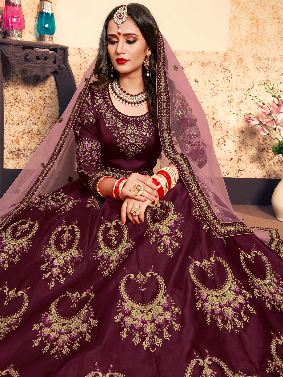 Odette Women Soft Net Maroon Semi Stitched Lehenga With Unstitched Blouse - Image 2