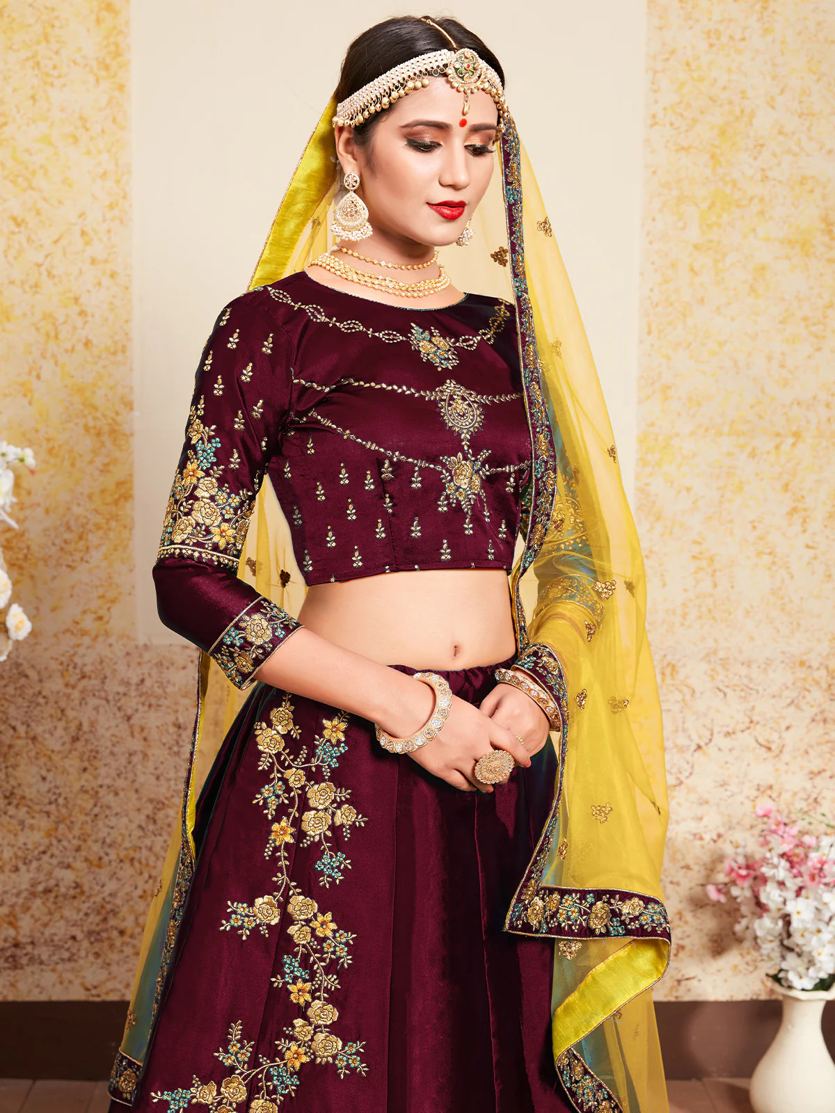 Odette Women Soft Net Maroon Semi Stitched Lehenga With Unstitched Blouse - Image 3