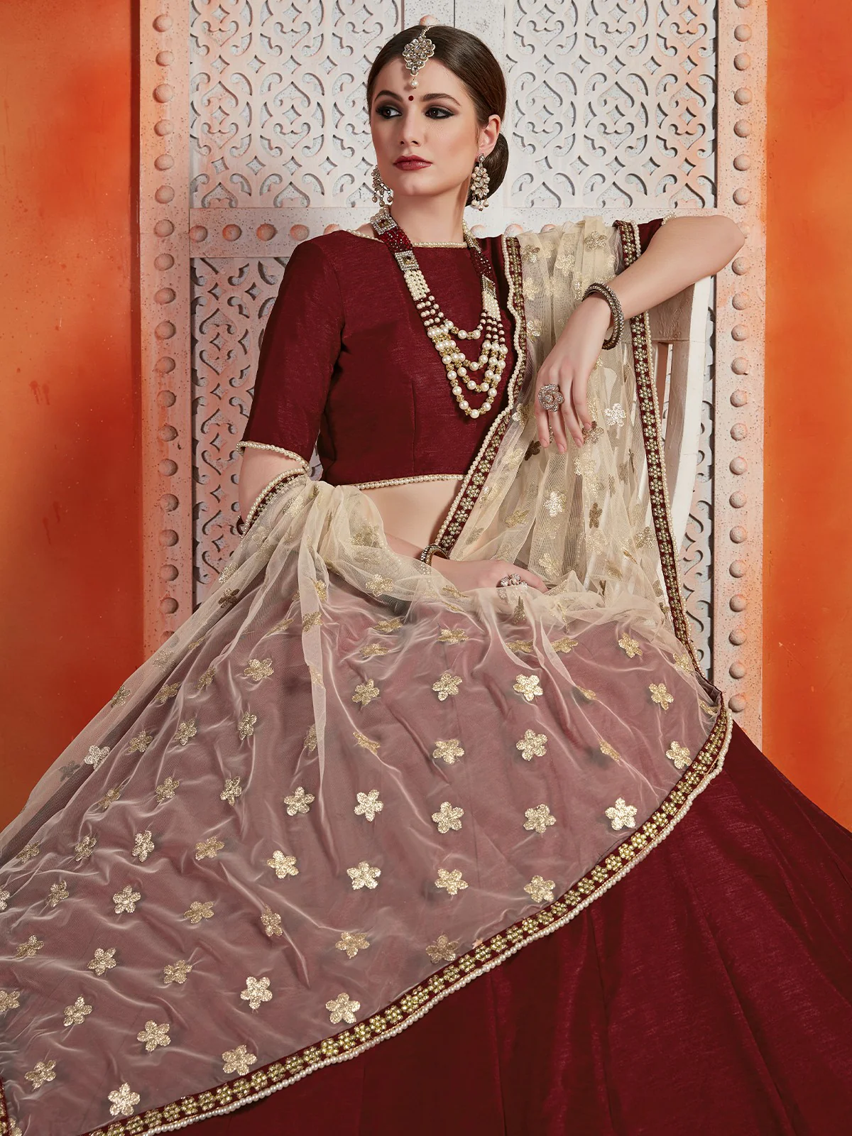 Odette Women Art Silk Maroon Semi Stitched Lehenga With Unstitched Blouse - Image 3