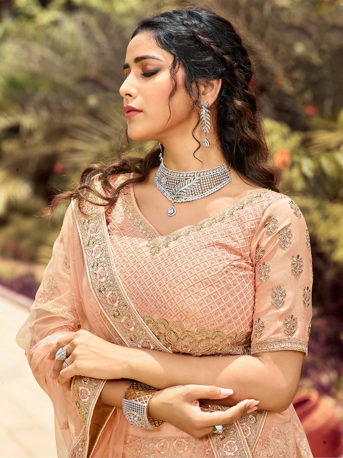 Odette Women Soft Net Peach Semi Stitched Lehenga Choli - Image 2