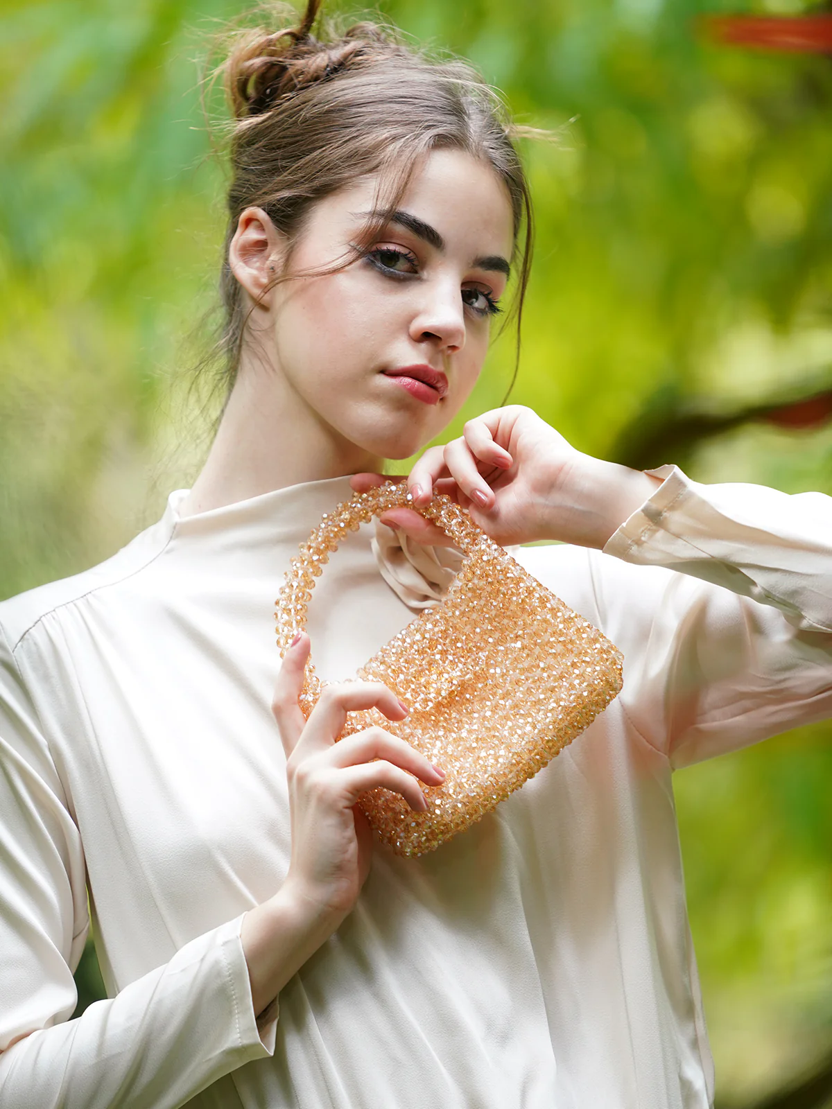 Odette Women Sparkling Golden Woven Beaded Clutch Bag - Image 2