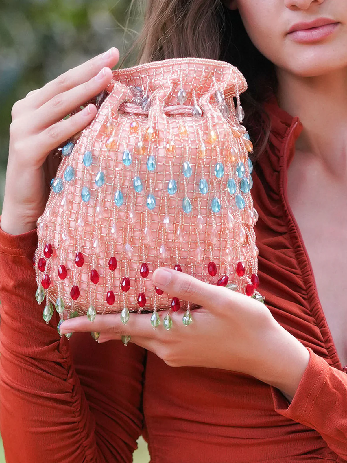 Odette Women Sparkling Peach Bead Embroidered Potli Bag