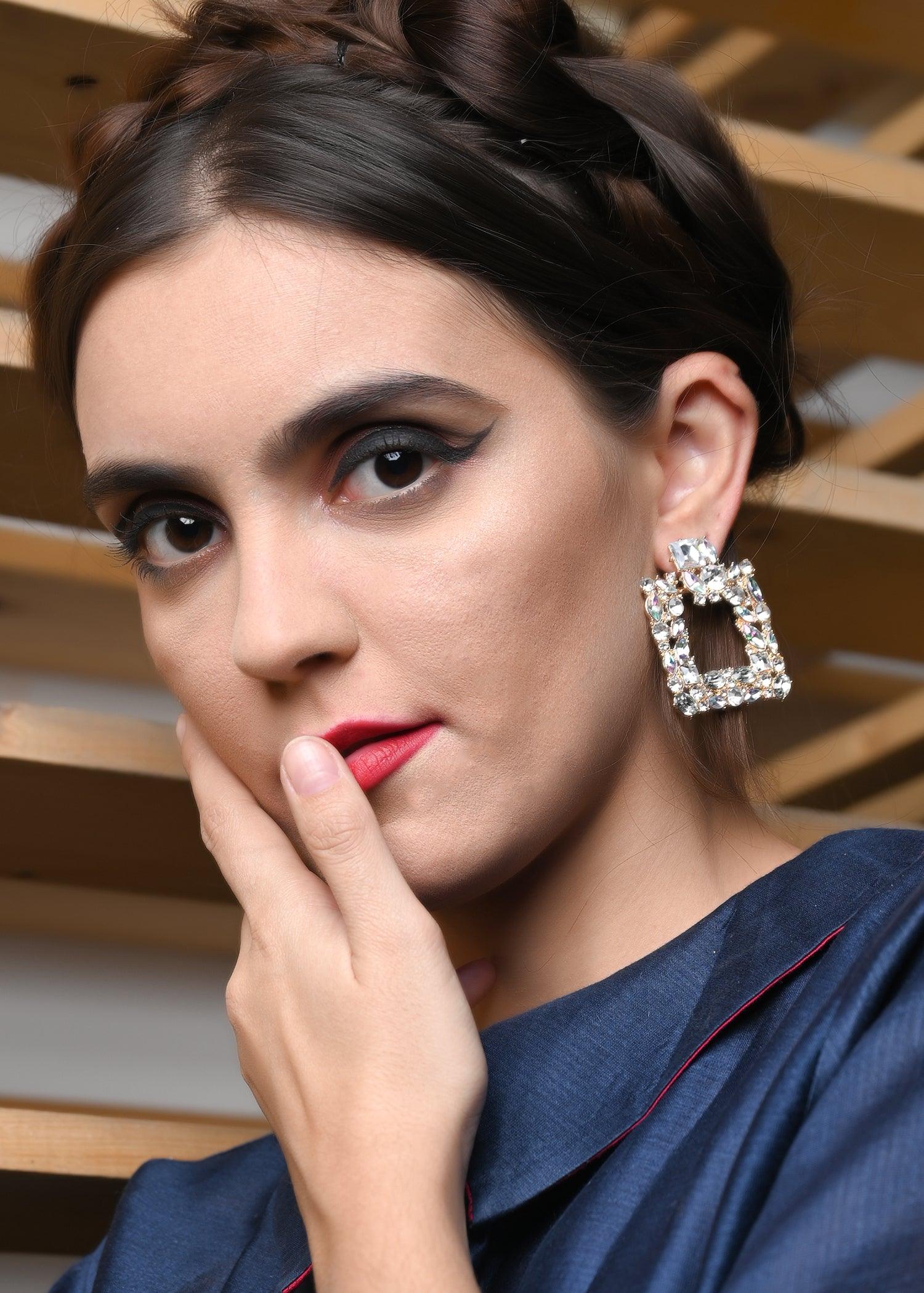 Odette Women Square White Cut Rhinestone Earring - Image 2