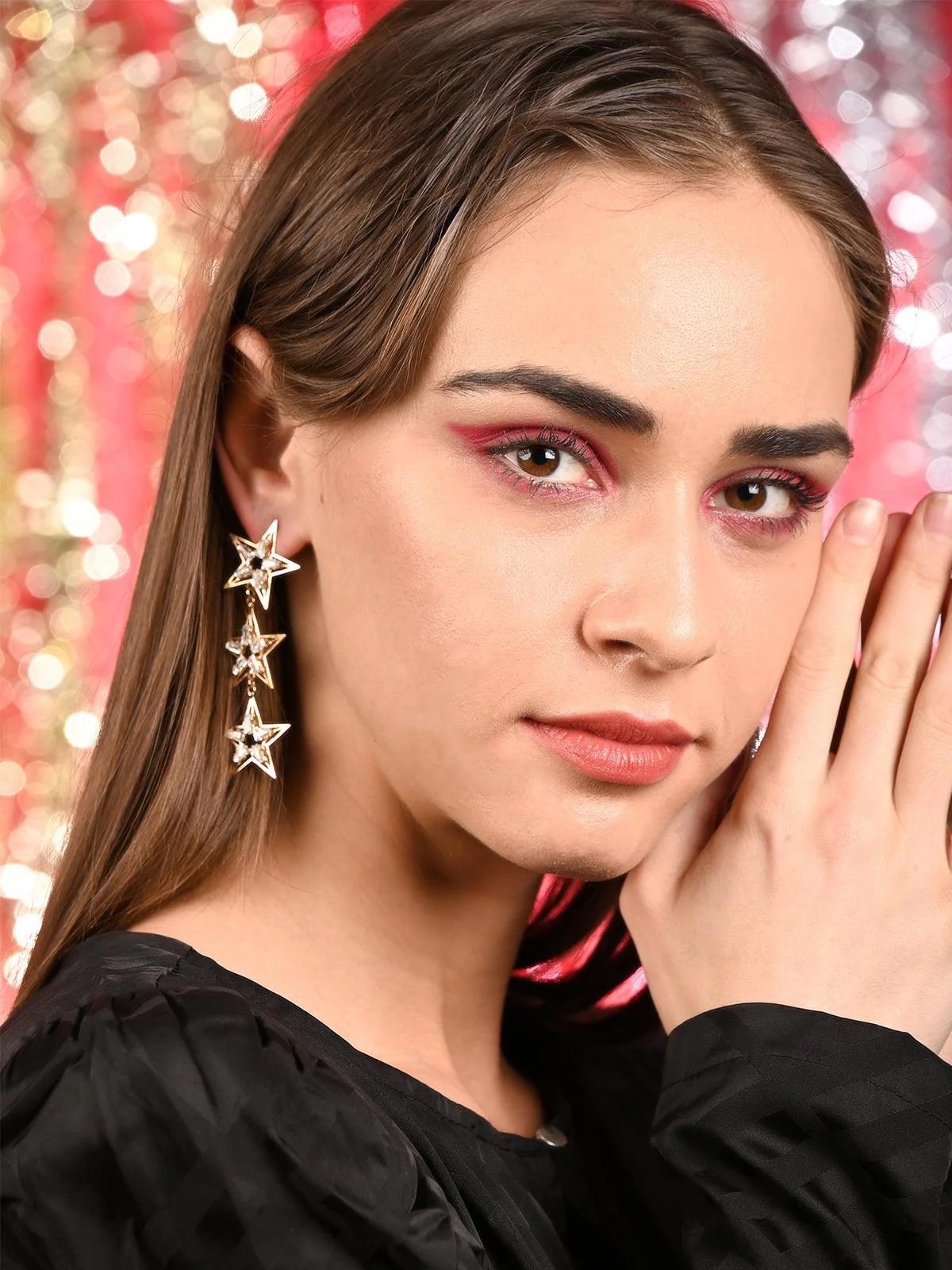 Odette Women Star Shape Gold Tone Dangle Earrings - Image 2