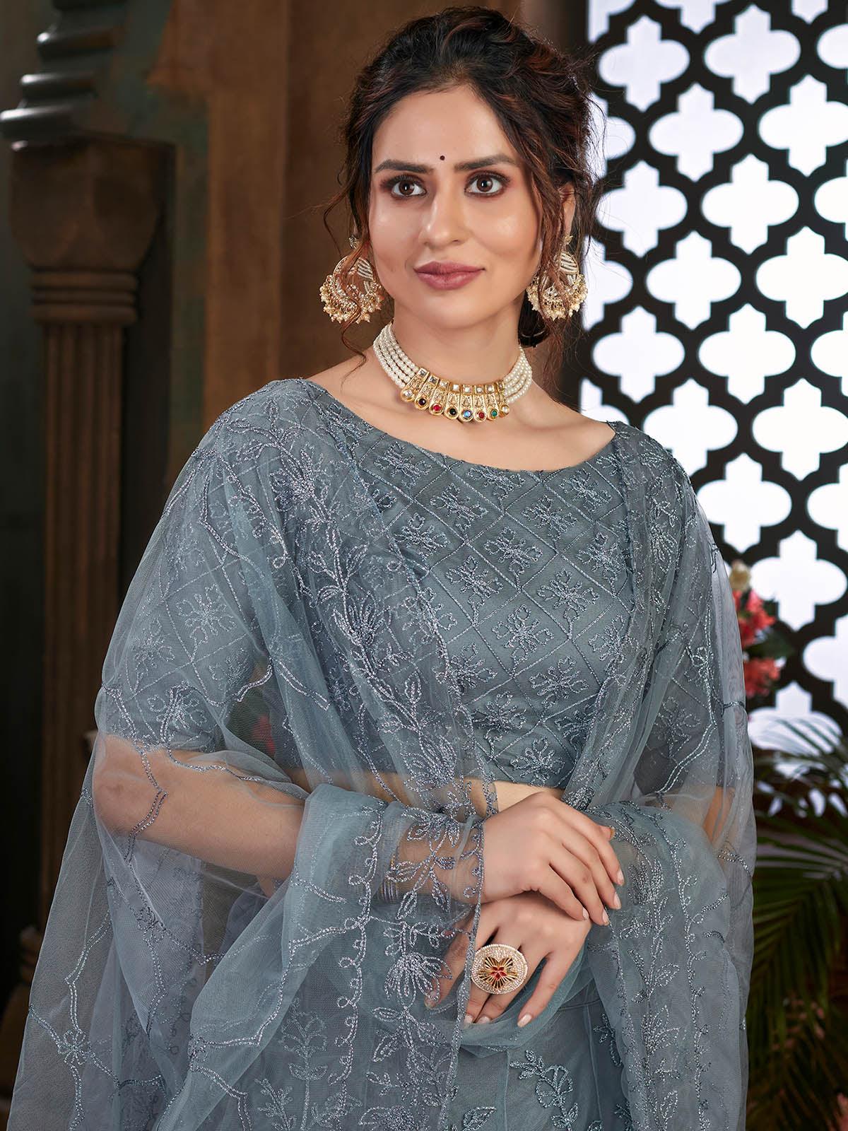 Odette Women Striking Grey Net Semi Stitched Lehenga With  Unstitched Blouse - Image 4