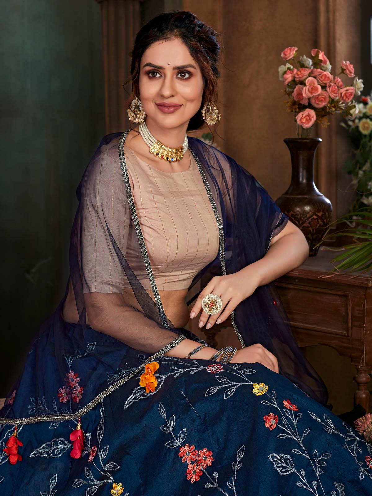 Odette Women Striking Navy Blue Art Silk Semi Stitched Lehenga With  Unstitched Blouse - Image 2