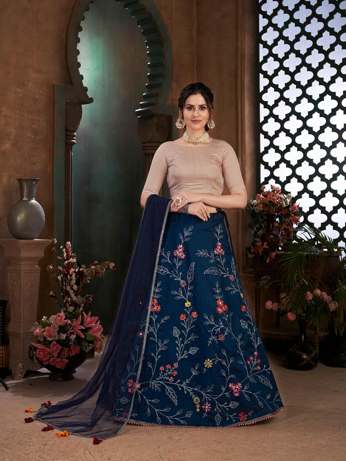 Odette Women Striking Navy Blue Art Silk Semi Stitched Lehenga With  Unstitched Blouse - Image 3