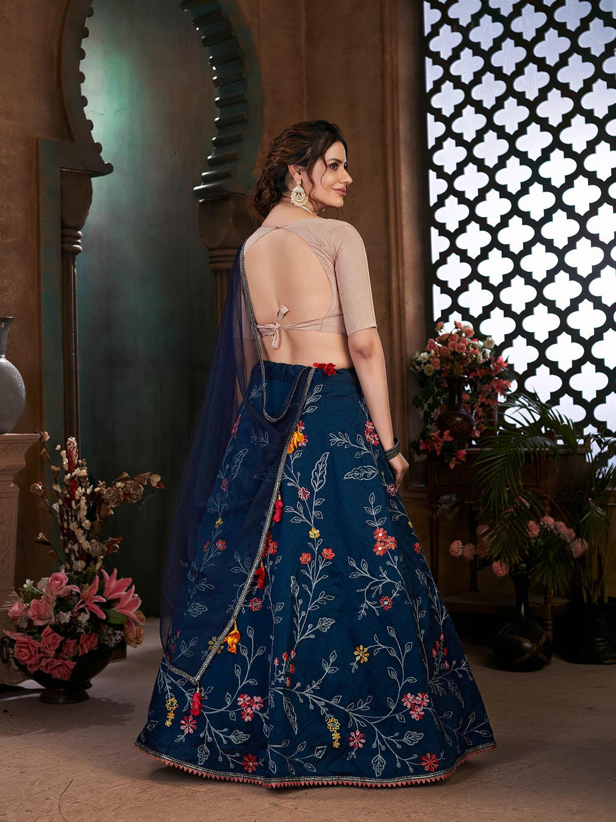 Odette Women Striking Navy Blue Art Silk Semi Stitched Lehenga With  Unstitched Blouse - Image 4