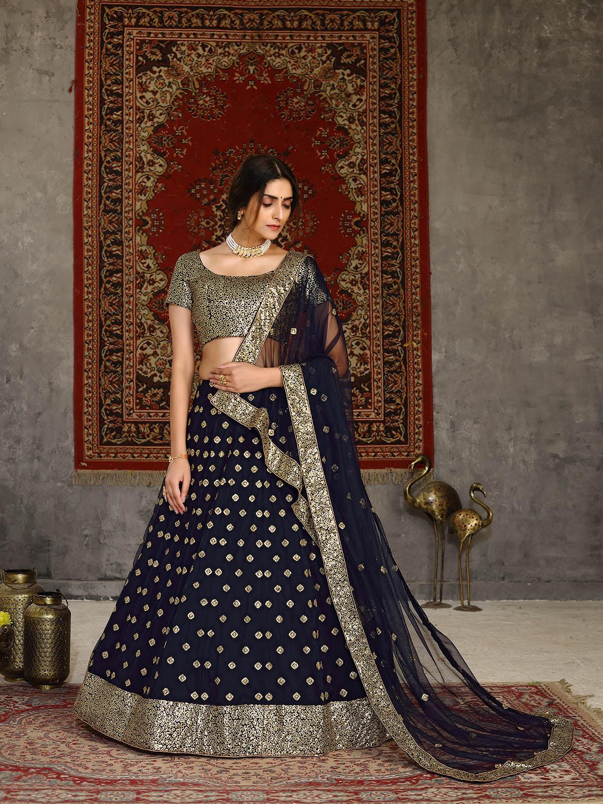 Odette Women Striking Navy Blue Net Semi Stitched Lehenga With  Unstitched Blouse - Image 2